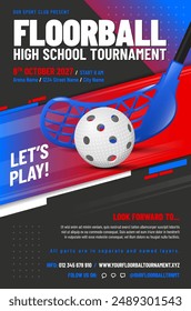 Floorball tournament poster template with ball and stick - sample text in separate layer. Vector illustration.