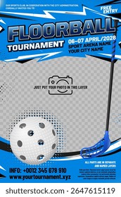 Floorball tournament poster template with ball, stick, grungy and halftone elements and place for your photo - vector illustration