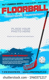 Floorball tournament poster template with stick, ball and place for your photo - vector illustration