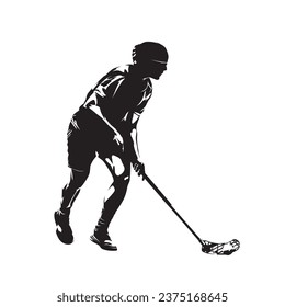 Floorball, woman playing floorball with stick and ball, isolated vector silhouette