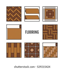 Flooring. Flat icons of laminate, parquet, carpets and other materials.