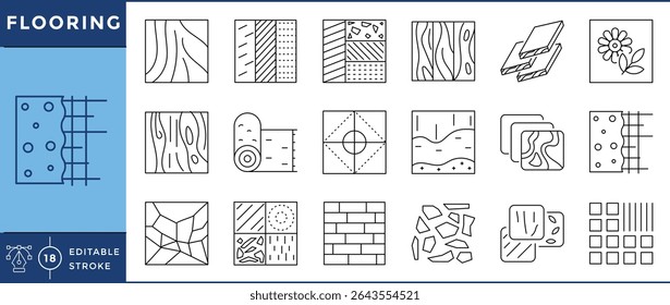Conjunto de ícones de pavimento. 18 ícones de linha. Traçado editável de vetor. Piso, azulejos, beleza, industrial, madeira, arte.