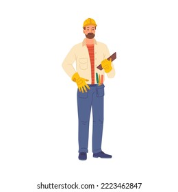 Flooring installer or builder holding wooden part. Isolated man in hardhat with tools for work and fixing. Personage or character, vector in flat cartoon style