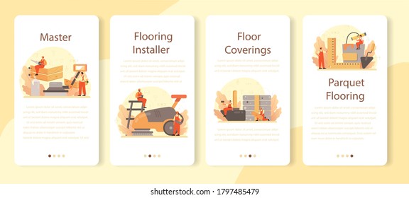 Juego de banner de aplicación móvil del instalador de pisos. Parqué profesional, parqué o baldosas en el suelo. Concepto de reparación y renovación de viviendas. Ilustración vectorial plana aislada