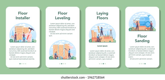 Flooring installer mobile application banner set. Professional parquet laying
