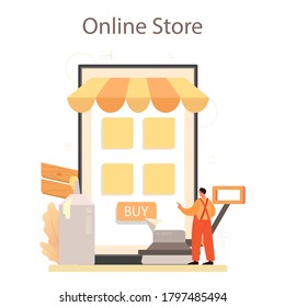 Flooring installer online service or platform. Professional parquet laying, wooden or tile floor. Online store. Isolated flat vector illustration