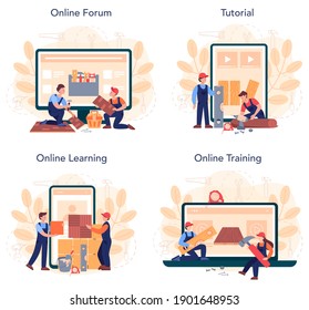 Flooring installer online service or platform set. Professional parquet laying. Home repair and renovation concept. Online forum, tutorial, learning, training. Isolated flat vector illustration