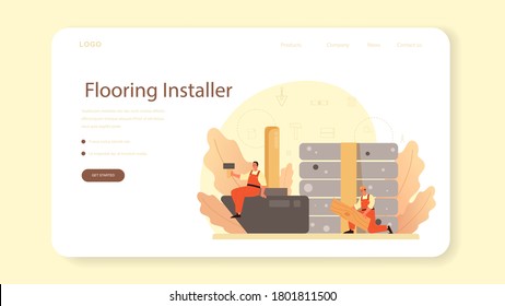 Flooring installer web banner or landing page. Professional parquet laying, wooden or tile floor. Home repair and renovation concept. Isolated flat vector illustration