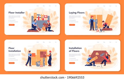 Banner web del instalador de pisos o juego de páginas de inicio. Parqué profesional, parqué o baldosas en el suelo. Concepto de reparación y renovación de viviendas. Ilustración vectorial plana aislada