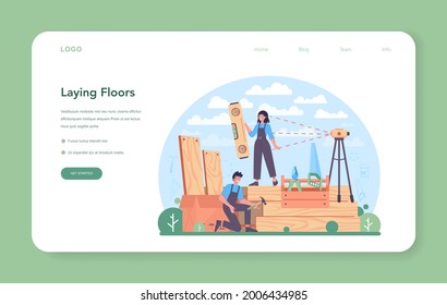 Flooring installer web banner or landing page. Professional parquet laying, wooden or tile floor. Home repair and renovation concept. Isolated flat vector illustration