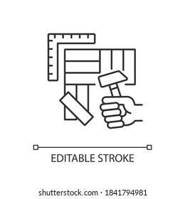 Flooring linear icon. Laminate and hardwood panels. Indoor renovation. Room decoration process. Thin line customizable illustration. Contour symbol. Vector isolated outline drawing. Editable stroke