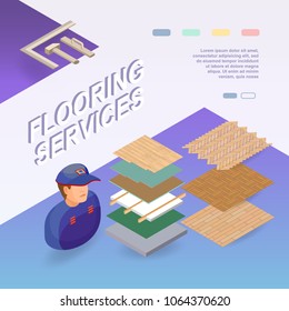 Flooring services. Isometric interior repairs concept. Worker, equipment and items isometric icon. Builder in uniform, parquet, professional tool. Vector flat 3d illustration.