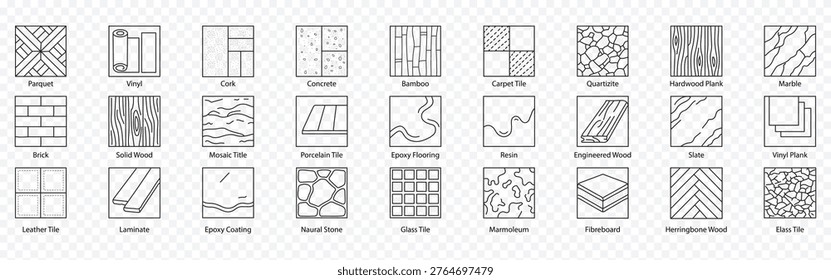 Flooring and tile material icon set – editable outline symbols of parquet, vinyl, wood, marble, stone, laminate and surface textures