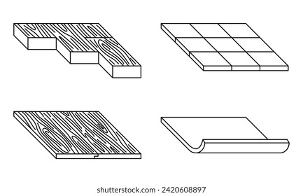 Flooring types icons set in thin line - ceramic tile, hardwood, laminate and linoleum