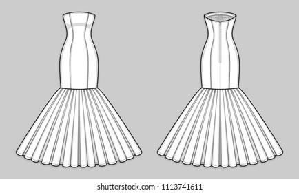 Floor-length close-fitting mermaid dress with strapless straight across neckline, mid-open back, gathered voluminous skirt, back zip clasp. Back and front. Technical flat sketch, vector.