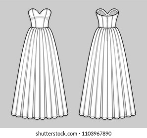 Floor-length corset bodice dress with panel lines, strapless sweetheart neckline, seam at waist, back zip closure, flared skirt with pleats. Back and front. Technical flat sketch. Vector illustration.