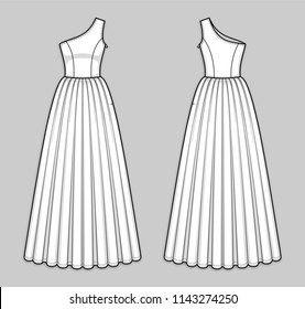 Floor-length one shoulder dress with asymmetrical neckline, invisible zipper in a side seam, seam at waist, flared skirt with pleats. X-line silhouette. Back and front. Technical flat sketch, vector.