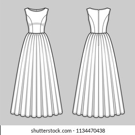 Floor-length sleeveless bodice dress with boat neckline, seam at waist, back zip closure, gathered skirt. X-line silhouette. Back and front. Technical flat sketch. Vector illustration.