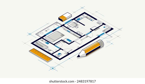 Floorplan drawing with pencil, flat plan residential house or apartment blueprint, 3D isometric vector illustration, interior design project house construction building.