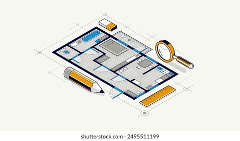 Floorplan drawing with pencil, flat plan residential house or apartment blueprint, 3D isometric vector illustration, interior design project house construction building.