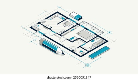 Floorplan drawing with pencil, flat plan residential house or apartment blueprint, 3D isometric vector illustration, interior design project house construction building.