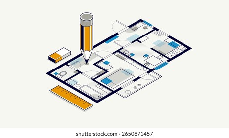 Floorplan drawing with pencil, flat plan residential house or apartment blueprint, 3D isometric vector illustration, interior design project house construction building.