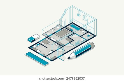 Dibujo de la implementación del plano de planta con el lápiz, plano de la casa residencial de Plan o plano del departamento, Ilustración vectorial isométrica 3D, vista superior del proyecto del diseño interior.