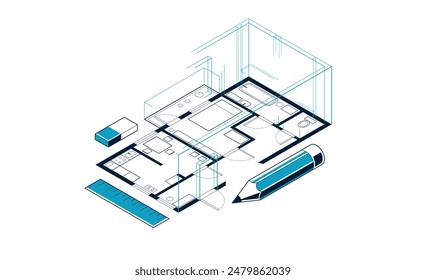 Floorplan implementation drawing with pencil, flat plan residential house or apartment blueprint, 3D isometric vector illustration, interior design project top view.