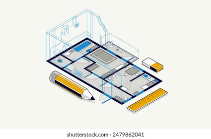 Floorplan implementation drawing with pencil, flat plan residential house or apartment blueprint, 3D isometric vector illustration, interior design project top view.