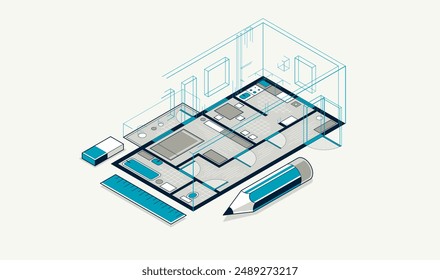 Floorplan implementation drawing with pencil, flat plan residential house or apartment blueprint, 3D isometric vector illustration, interior design project top view.