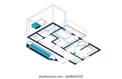 Floorplan implementation drawing with pencil, flat plan residential house or apartment blueprint, 3D isometric vector illustration, interior design project top view.