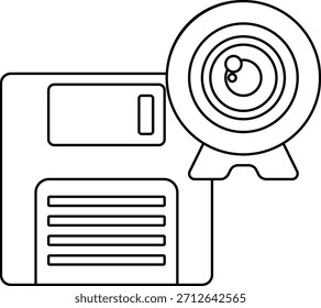 A floppy disc with a camera on top of it. The camera is a symbol of recording and capturing memories