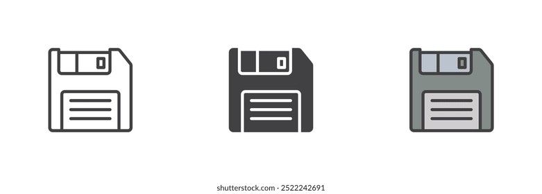 Floppy disc different style icon set. Line, glyph and filled outline colorful version, outline and filled vector sign. Diskette symbol, logo illustration. Vector graphics