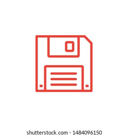 Floppy Disc Line Red Icon On White Background. Red Flat Style Vector Illustration.