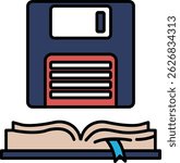 A floppy disc is shown with a book open on top of it. The book is open to a page with a blue ribbon. Concept of technology and reading