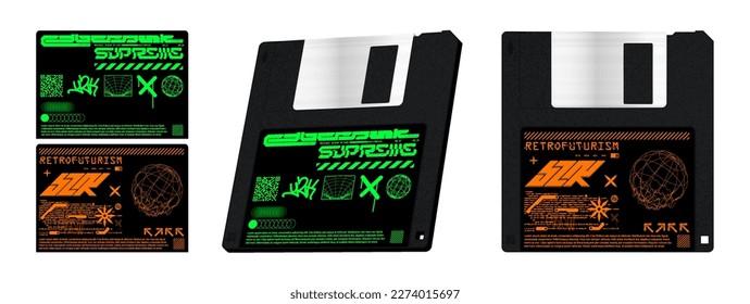 Floppy disk 3D mockup with Futuristic letterings and abstract shapes. Stylish 3d floppy disk template in. 80s, 90s, acid future and cyberpunk design for t-shirt, poster, merch, streetwear. Vector