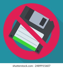 Floppy disk ban symbol in flat design style on blue background with long shadow