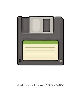 Floppy disk with blank label for personal computer. Vintage engraving vector color illustration. Isolated on white background. Hand drawn design element for label and poster