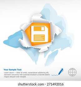 Floppy disk and breakthrough paper hole with ragged edges on watercolor background