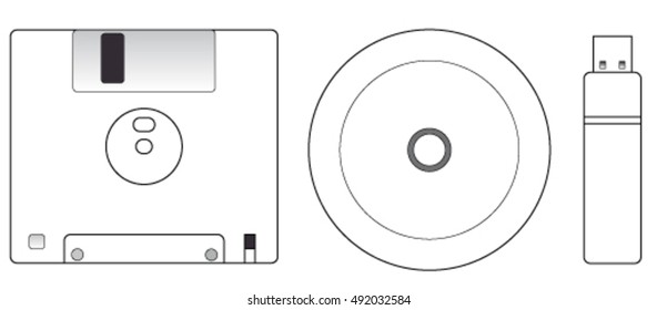 floppy disk, CD drive and flash drive icon set