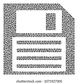Floppy Disk composition of round dots in various sizes and color tones. Dots are combined into floppy disk vector composition. Dotted vector illustration.