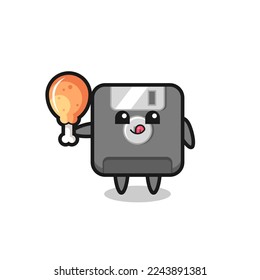 floppy disk cute mascot is eating a fried chicken , cute style design for t shirt, sticker, logo element