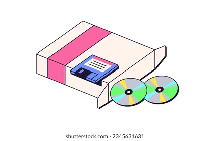 Floppy disk and discs in 90s retro style. Diskettes for saving information, data. Memory, backup container symbol, nostalgia retrowave technology. Flat vector illustration isolated on white background