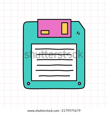 Floppy disk or diskette in bright colors. Storage device. Vector hand-drawn doodle illustration isolated on checkered background. Perfect for cards, decorations, logo, various designs. 90s retro style