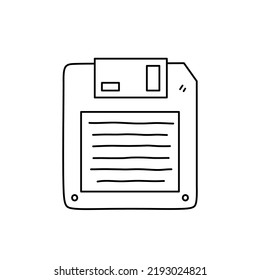 Floppy disk or diskette isolated on white background. Vector hand-drawn illustration in doodle style. Storage device. Perfect for decorations, logo, various designs.