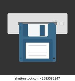 Floppy disk and drive. Vector illustration depicting a blue 3.5-inch floppy disk being inserted into a floppy disk drive