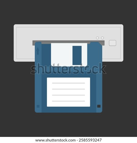 Floppy disk and drive. Vector illustration depicting a blue 3.5-inch floppy disk being inserted into a floppy disk drive