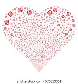 Floppy Disk fireworks with heart shape. Vector illustration style is flat red iconic symbols on a white background. Object love heart created from scattered symbols.