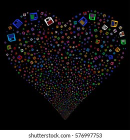 Floppy Disk fireworks with heart shape. Vector illustration style is flat bright multicolored iconic symbols on a black background. Object salute made from scattered pictographs.