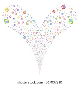 Floppy Disk fireworks stream. Vector illustration style is flat bright multicolored iconic symbols on a white background. Object double fountain organized from random icons.